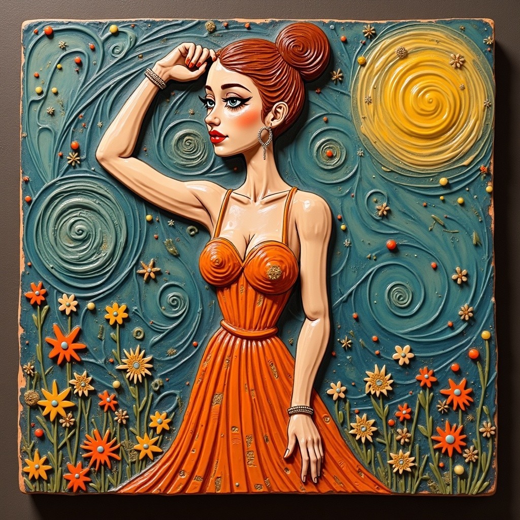 Vibrant Artwork of a Woman in Orange Dress and Flowers