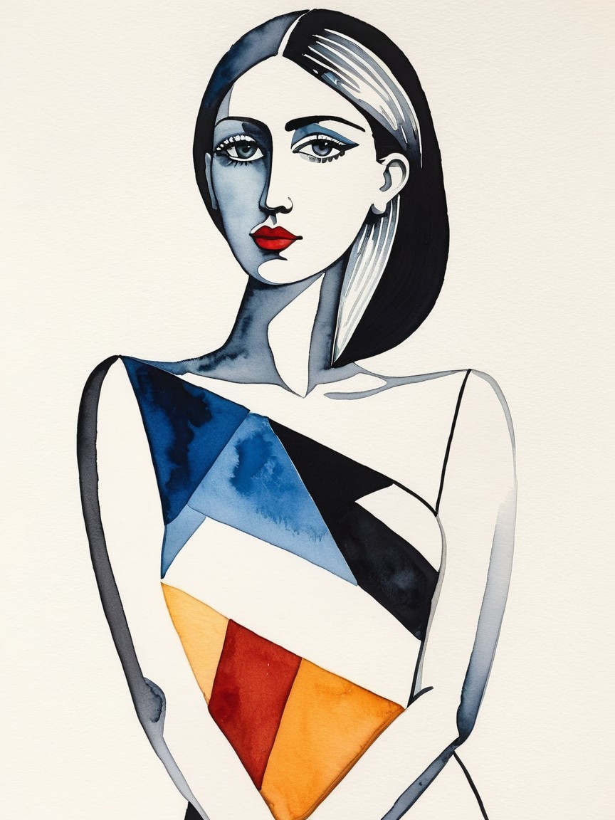 Stylized Watercolor Portrait of a Woman with Bold Features