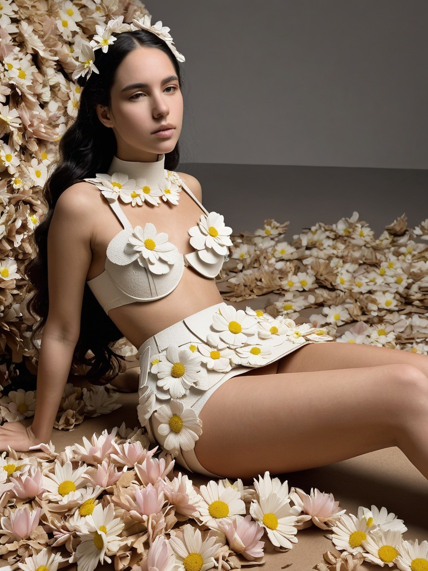 Model in Floral Fashion Ensemble Surrounded by Flowers