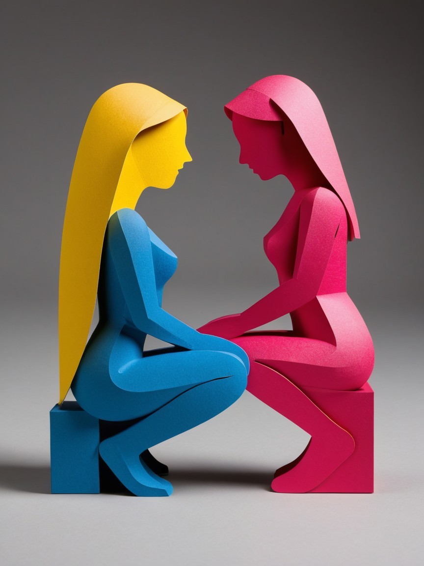 Abstract Sculptures of Seated Figures in Bold Colors