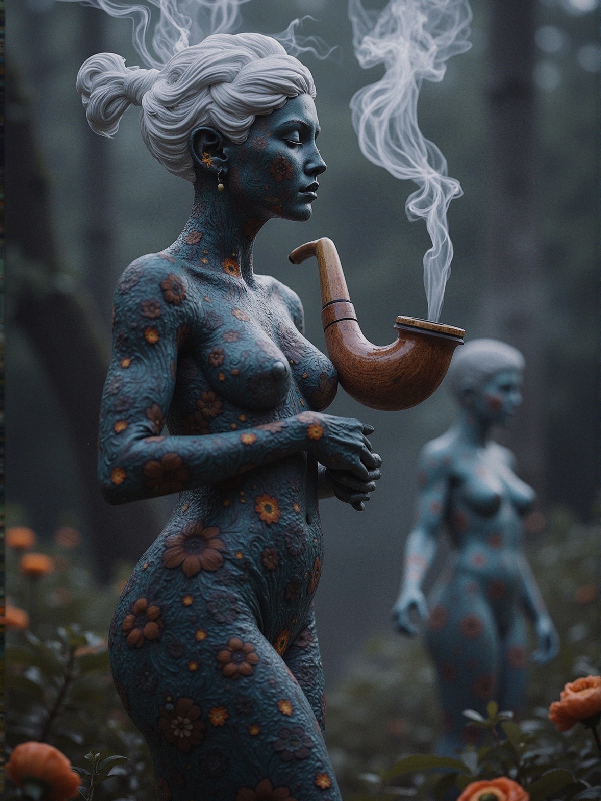 Ethereal Figures with Floral Tattoos in Misty Forest