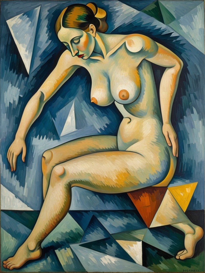 Stylized Nude Figure on Geometric Surface in Blue