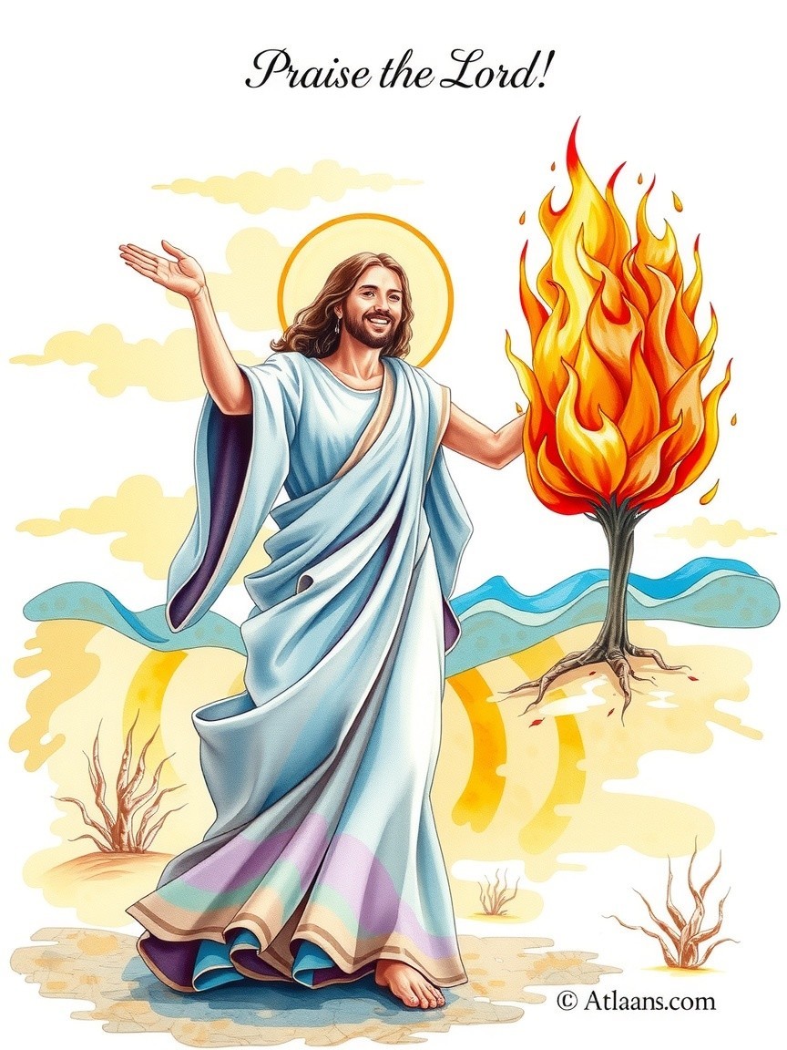 Biblical Figure in White Robe by Burning Bush