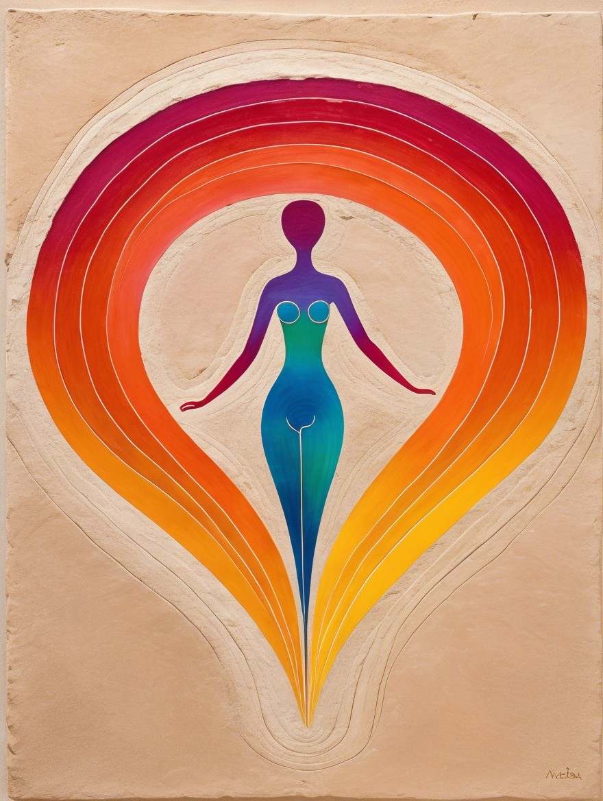 Stylized Figure in Blue and Purple with Vibrant Arcs