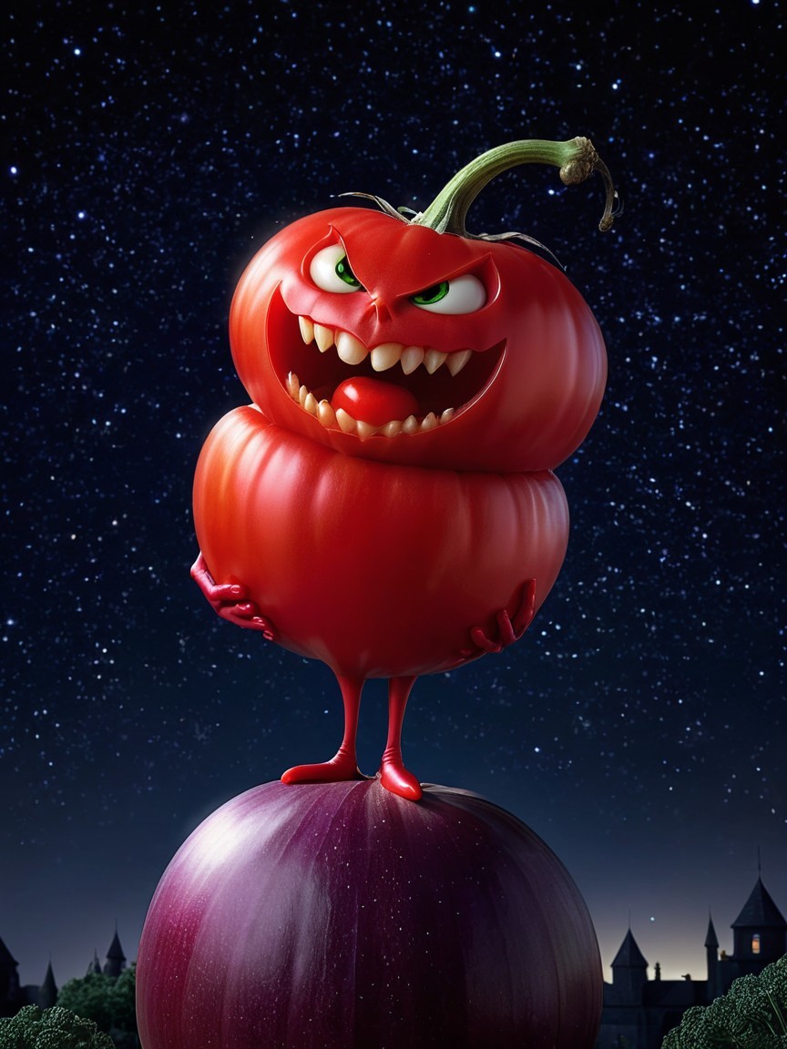 Cartoon Tomato Character on Purple Onion at Night