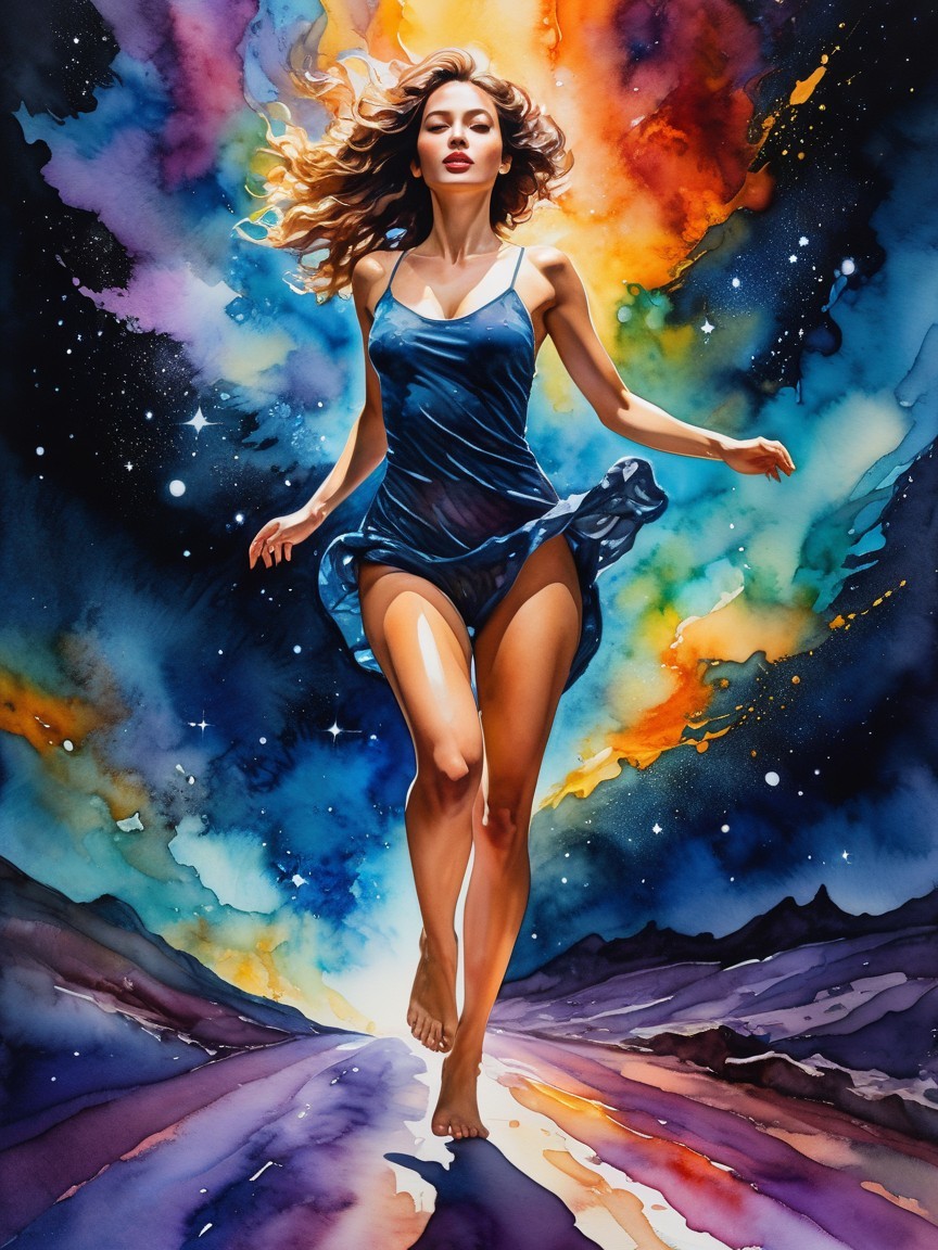 Young woman in teal dress in cosmic landscape