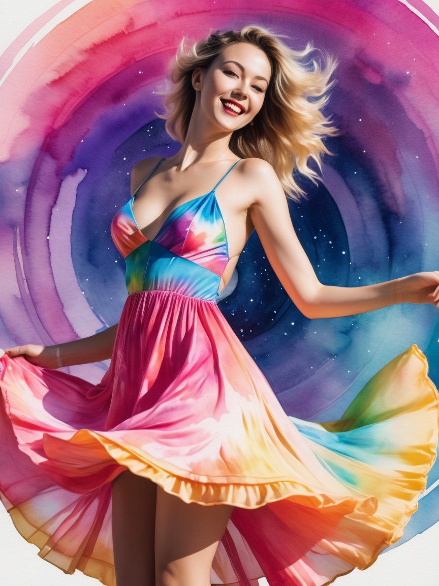 Young Woman in Vibrant Tie-Dye Dress Twirling Joyfully