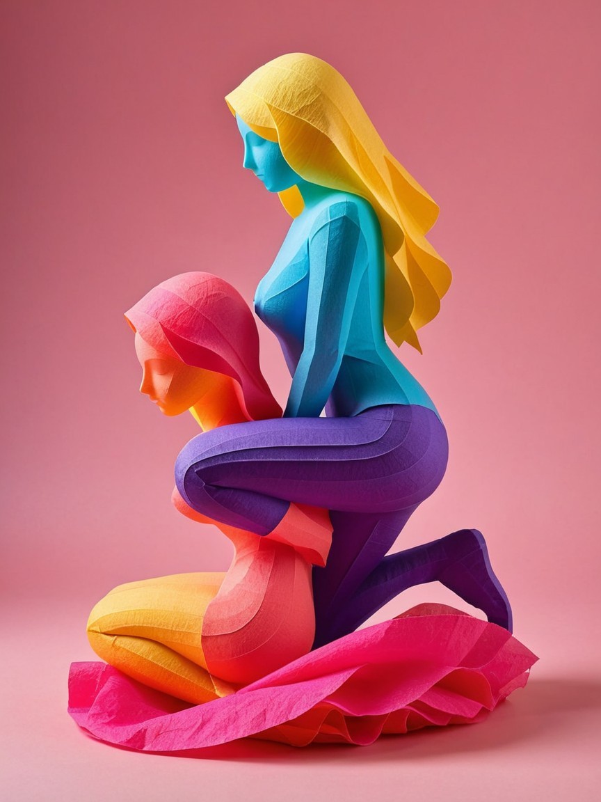 Layered Paper Sculpture of Two Female Figures