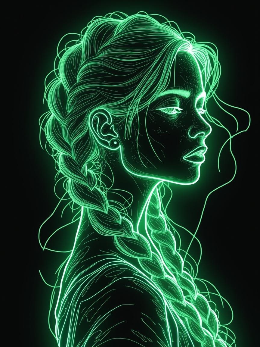 Neon Illustration of Woman with Braided Hair in Profile