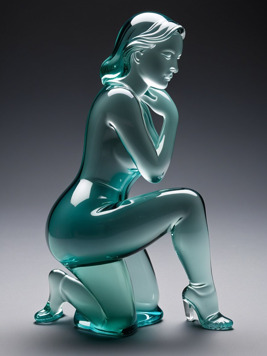 Translucent Glass Sculpture of Kneeling Female Figure