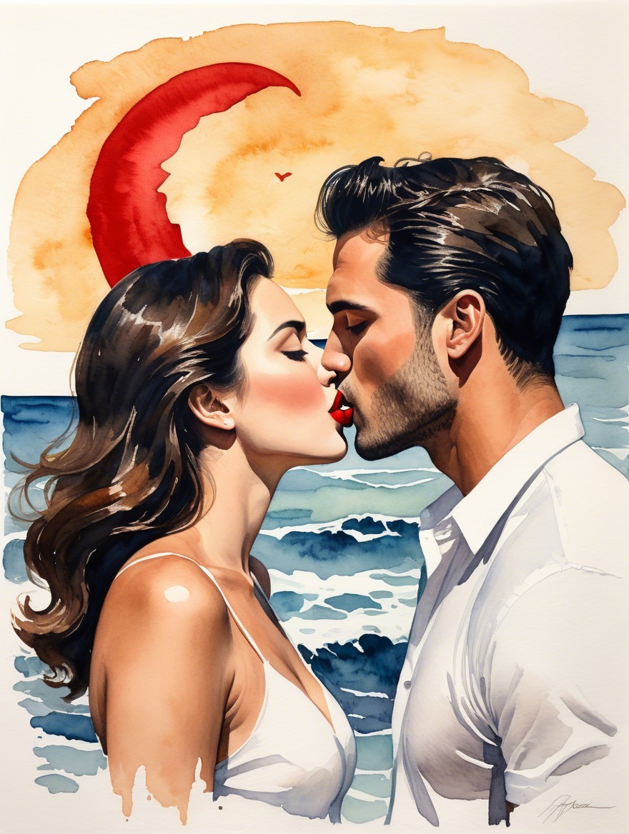 Romantic Beach Kiss with Watercolor and Crescent Moon