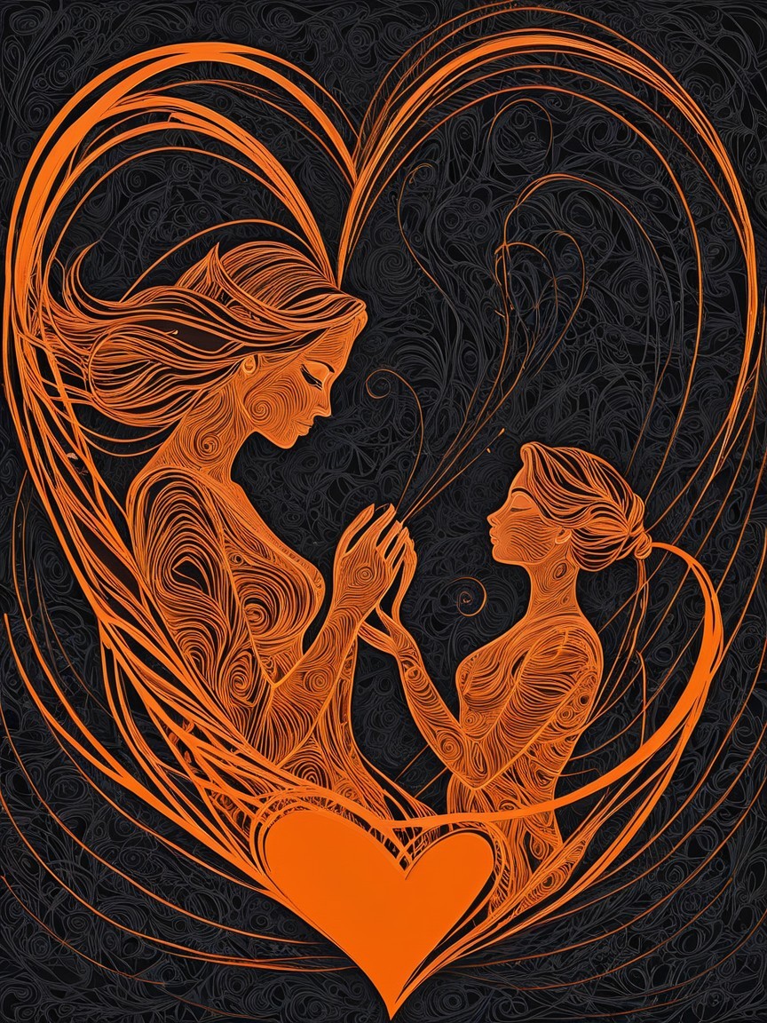 Abstract Art of Two Intertwined Figures in Orange