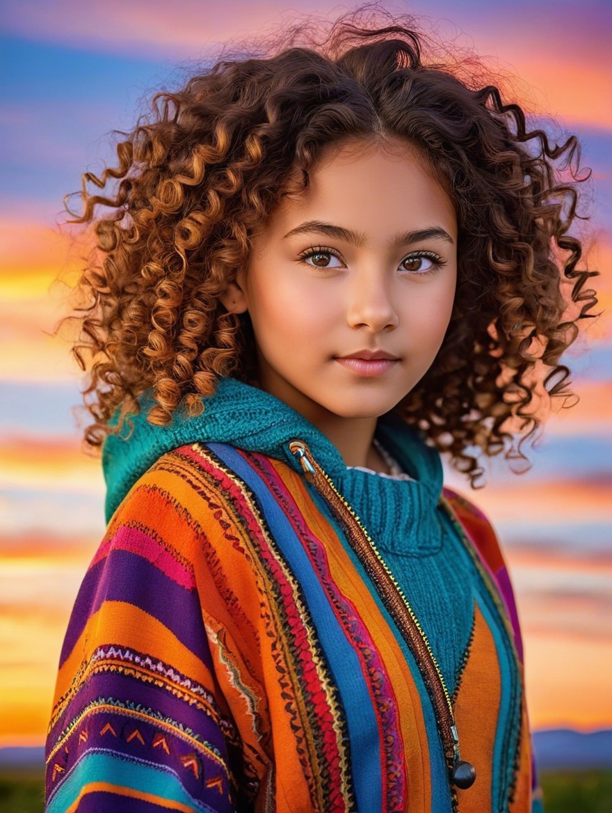 Young girl with curly hair in sunset backdrop