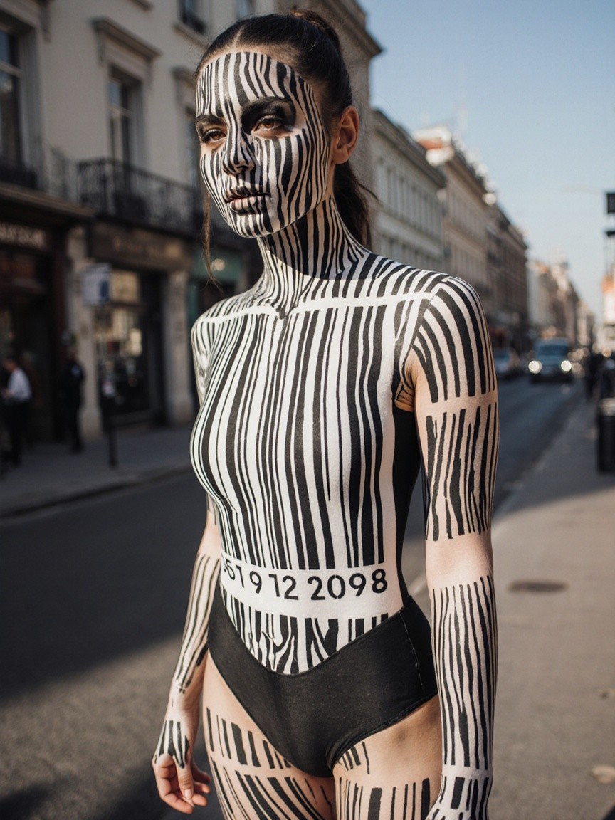 Model with Barcode Body Paint on City Street