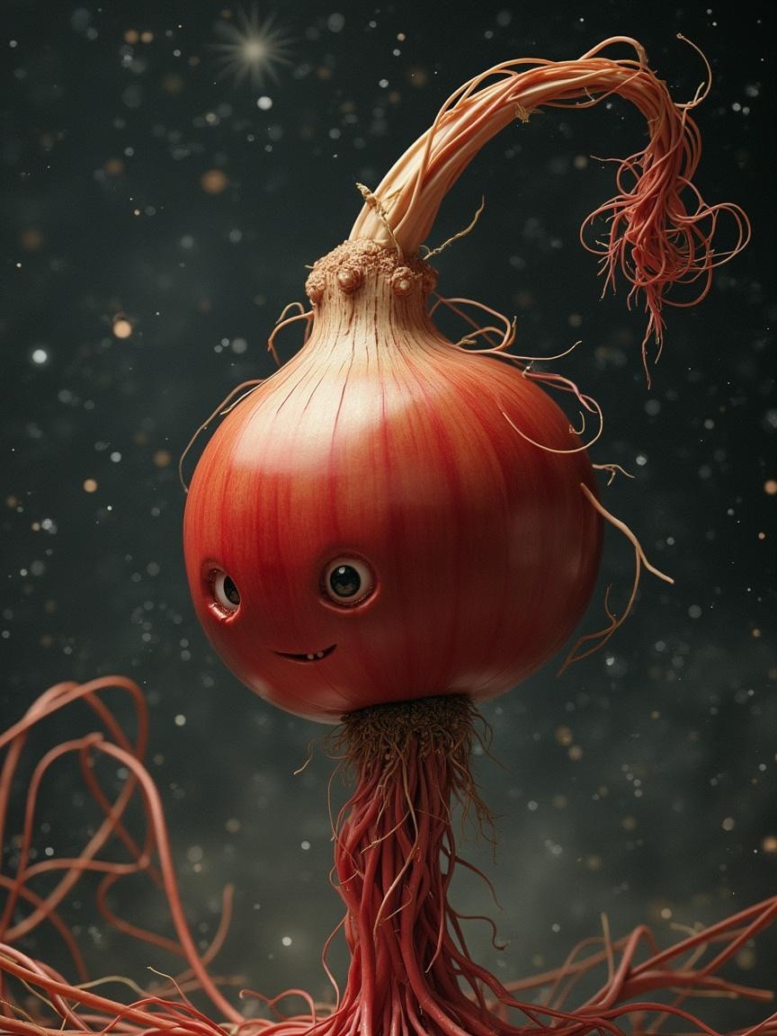 Whimsical Onion Character in a Starry Background