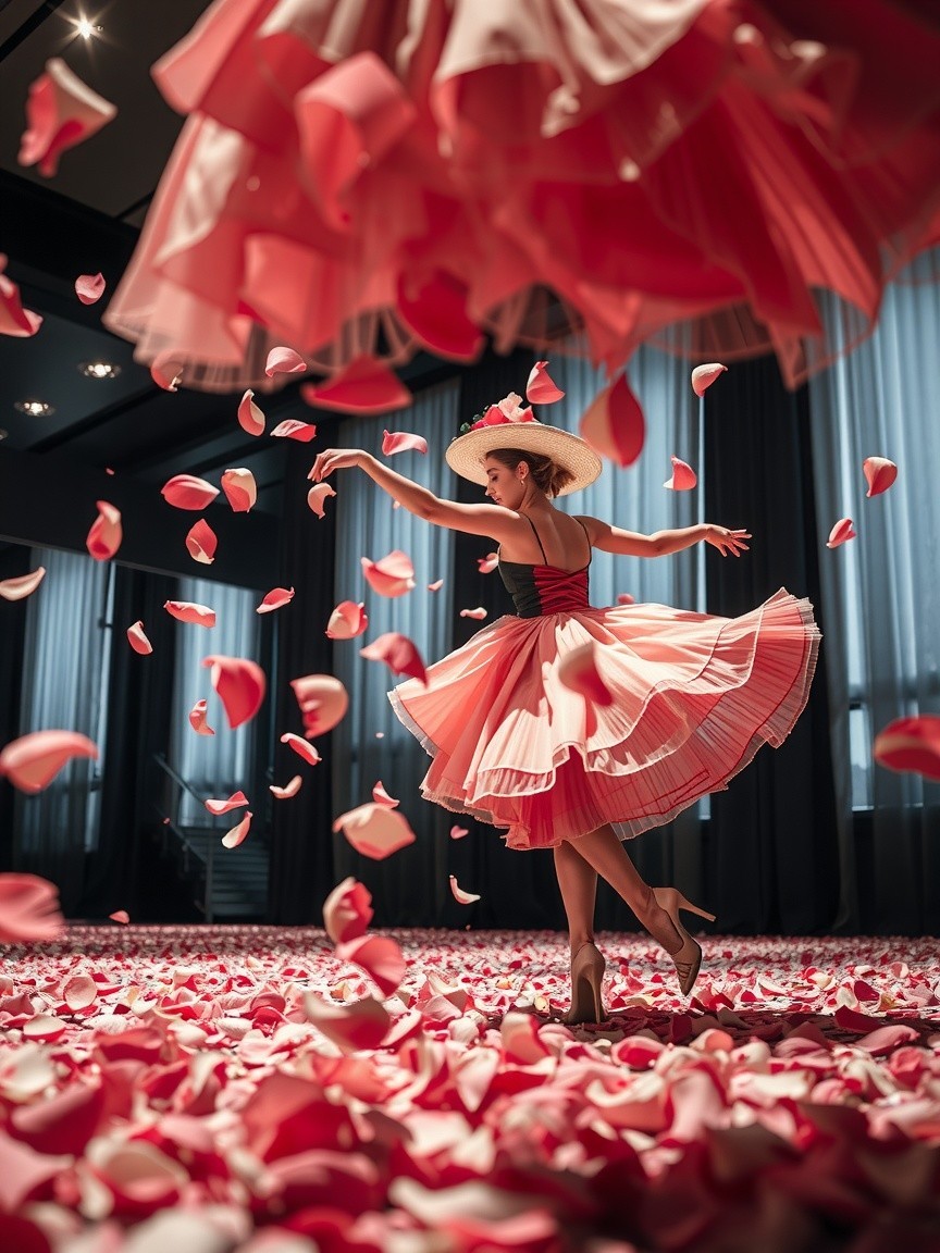 Dancer in Pink Dress Surrounded by Rose Petals