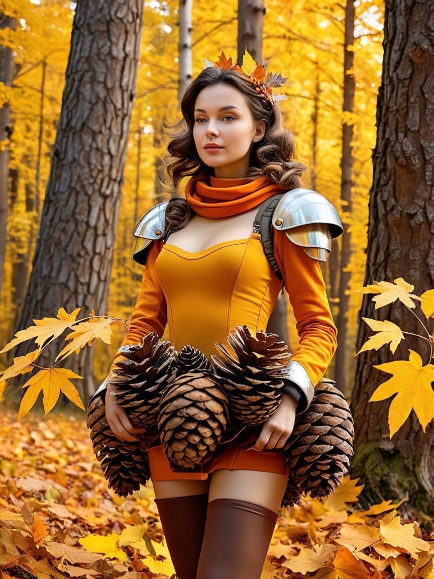 Woman in Autumn Forest with Unique Costume and Leaves
