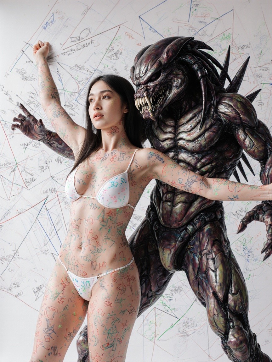 Model with Body Art Beside Menacing Creature