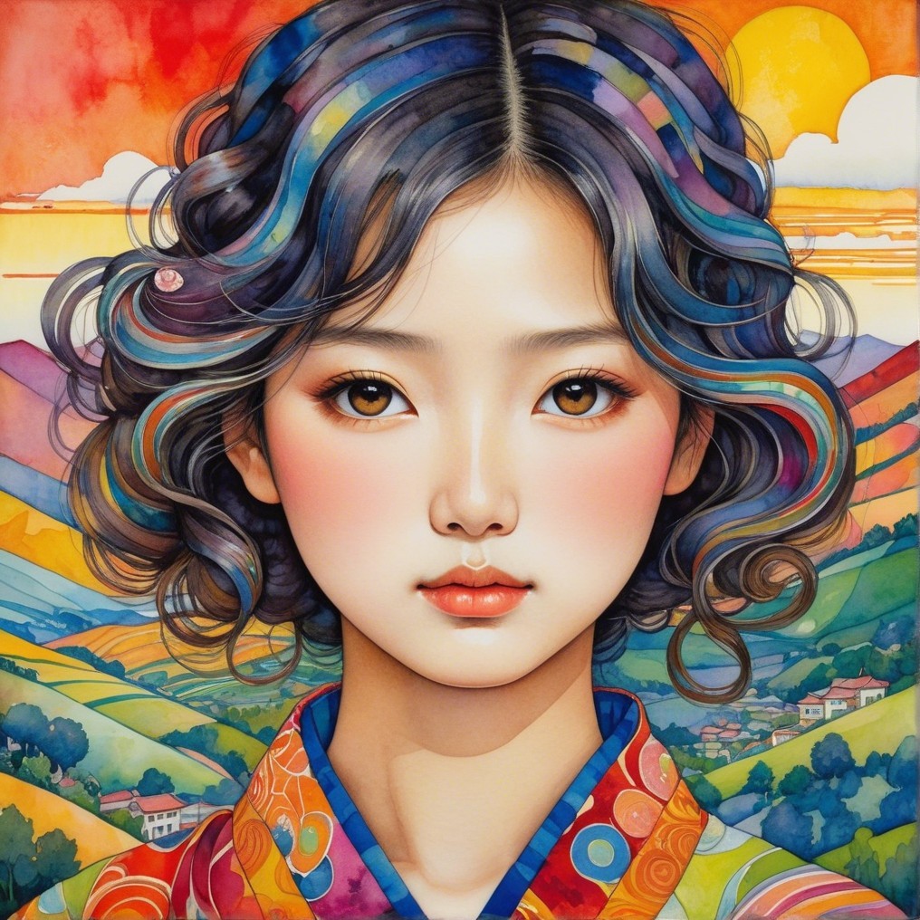 Young girl with colorful hair in vibrant garment against sunset
