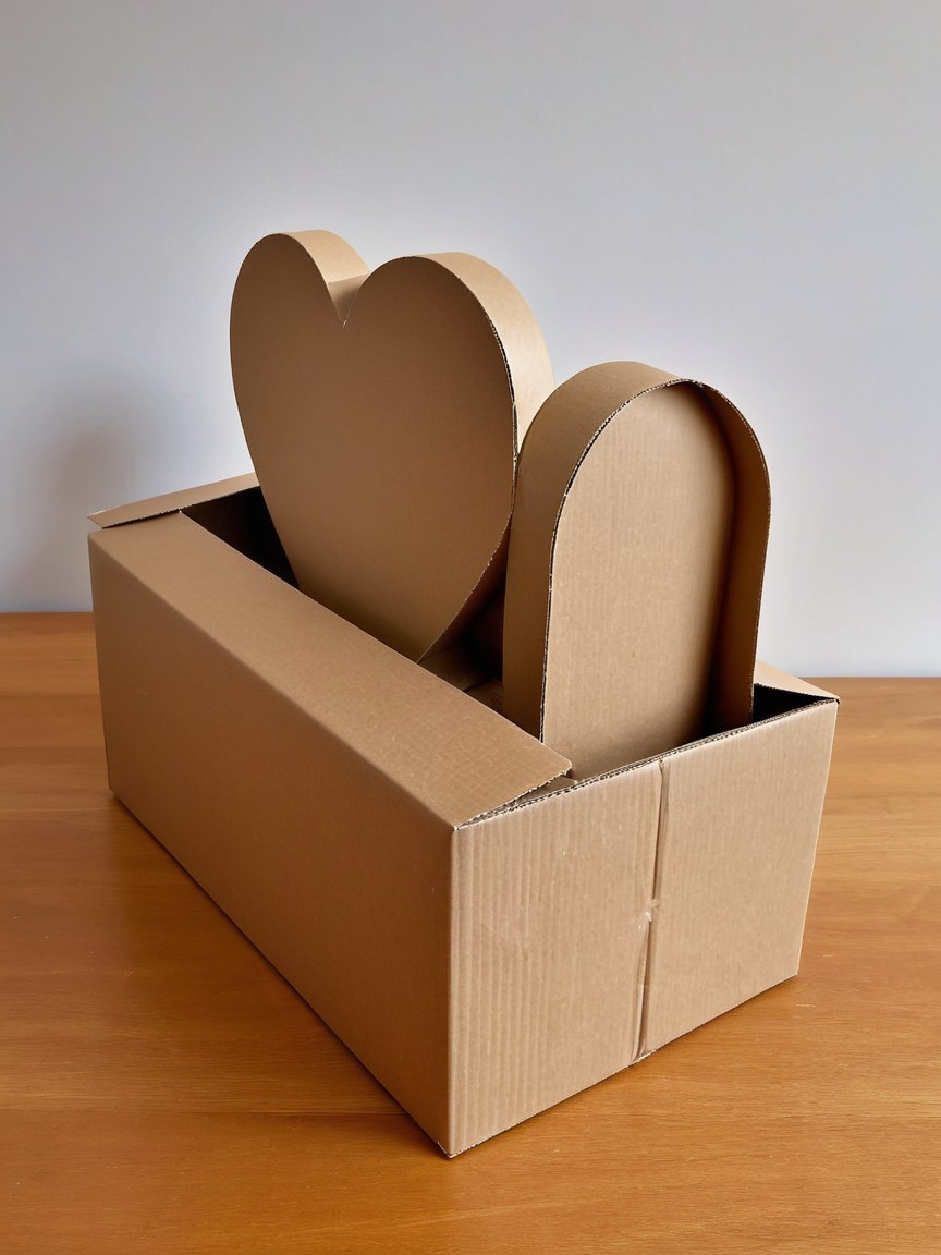 Cardboard Box with Heart and Arch Shapes on Wood