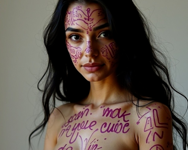 Woman with Dark Hair and Intricate Purple Body Art