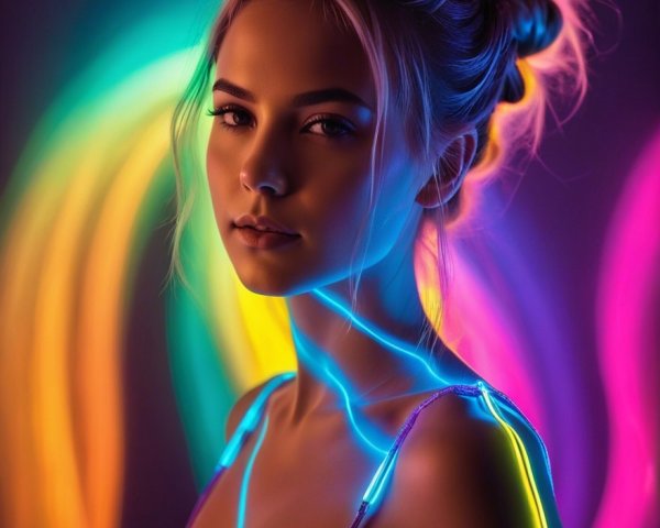 Portrait of a Young Woman in Neon Light and Shadow