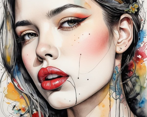 Portrait of a Young Woman with Bold Makeup and Flowers