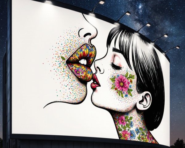 Vibrant Mural of Two Faces with Floral Patterns