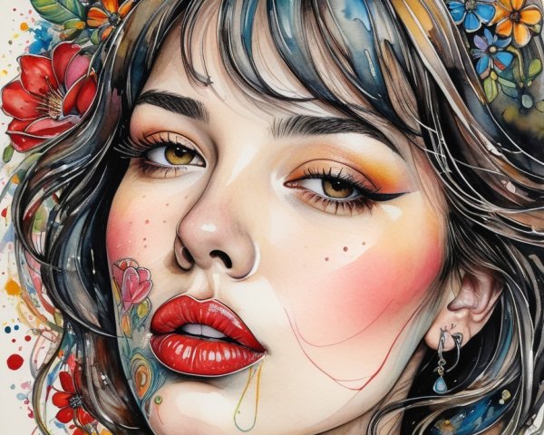 Portrait of a Young Woman with Colorful Floral Accents