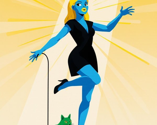 Vibrant Illustration of Blue-Skinned Figure and Cat