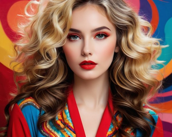 Portrait of a woman with wavy blonde hair and red lips