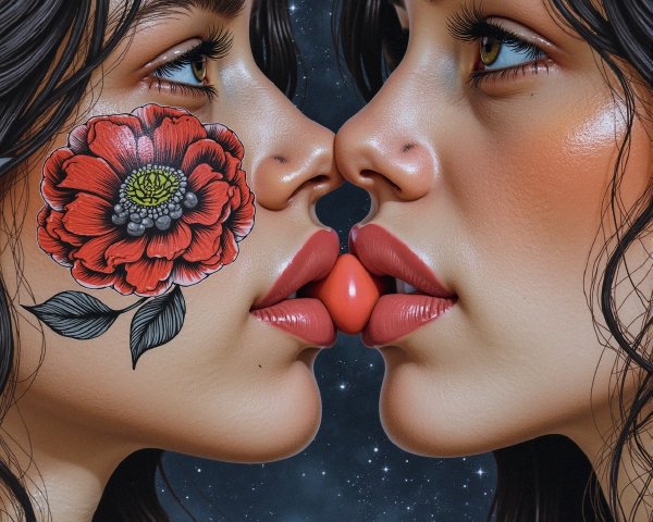 Two Women in Intimate Pose Under Starry Sky