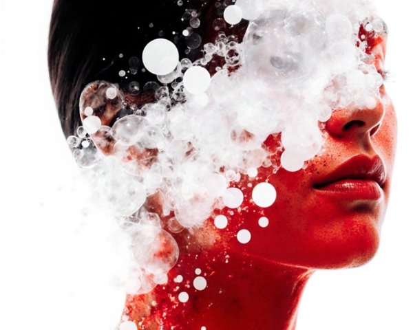 Ethereal Portrait of a Woman with Mist and Bubbles
