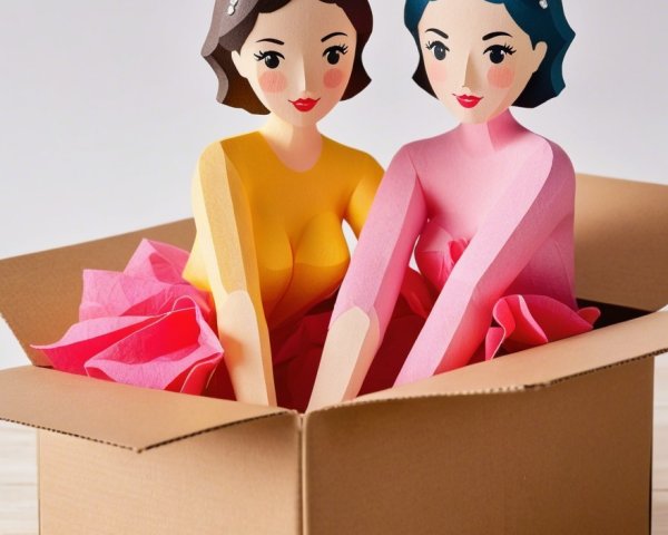 Stylized Figure in Squatting Pose with Pink Paper Skirt