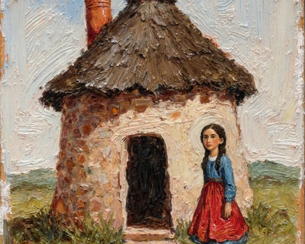 Young girl by a thatched-roof cottage in countryside
