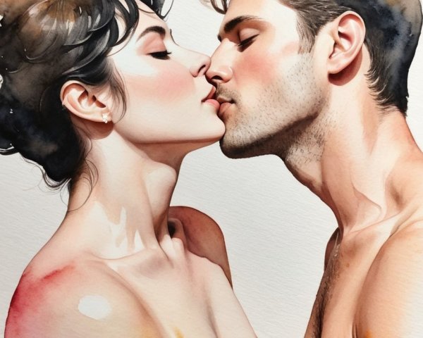 Romantic Watercolor Painting of Intimate Couple Moment