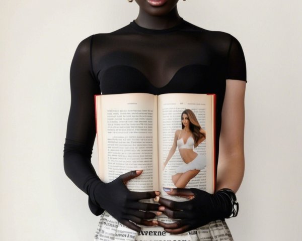 Model in Sheer Top with Open Book and Stylish Skirt