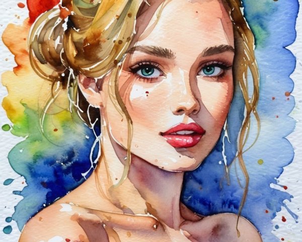 Watercolor Portrait of a Young Woman with Blonde Hair