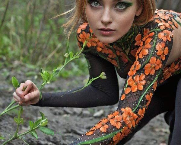 Floral Bodysuit Model in Lush Natural Setting