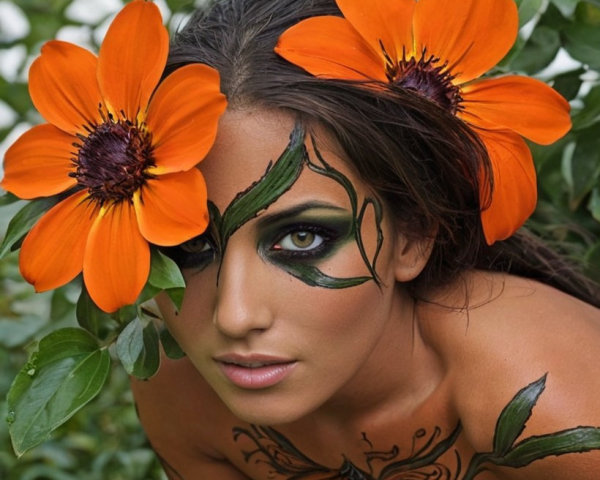 Woman in Greenery with Floral Headpiece and Body Art
