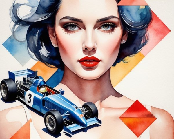Watercolor Illustration of Glamorous Woman and Race Car