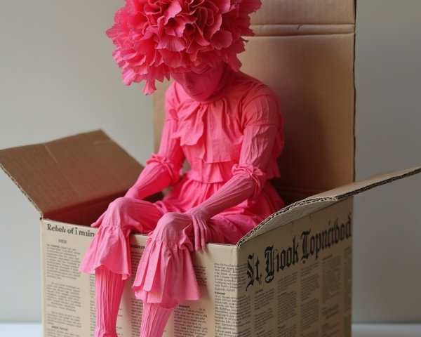 Bright Pink Figure in Cardboard Box with Floral Headpiece