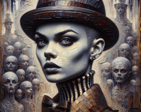Striking Figure with Hat Among Ghostly Background