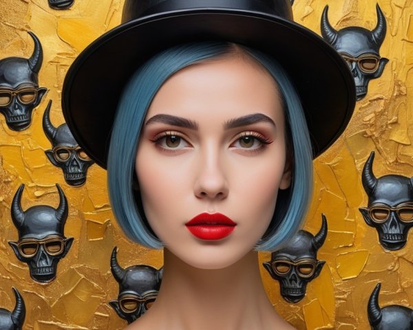 Portrait of Model with Blue Hair and Skull Motifs