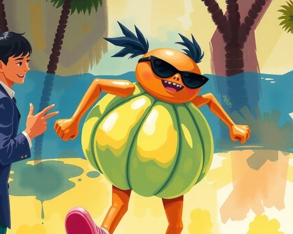 Cartoonish Beach Scene with Playful Orange Character