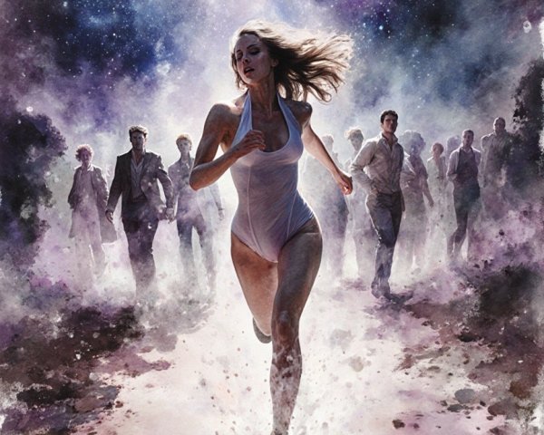 Surreal Cosmic Landscape with Woman in White Outfit