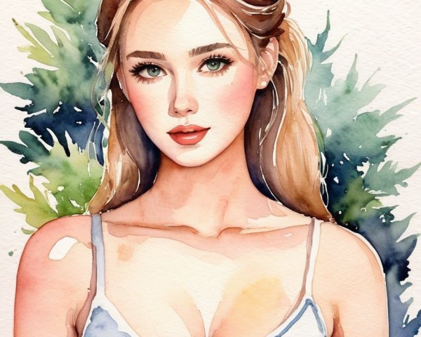 Watercolor Portrait of a Young Woman with Green Eyes