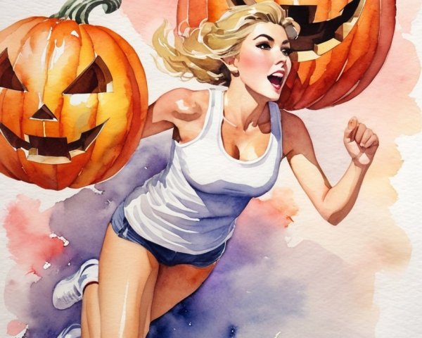 Energetic Woman Running with Grinning Pumpkins