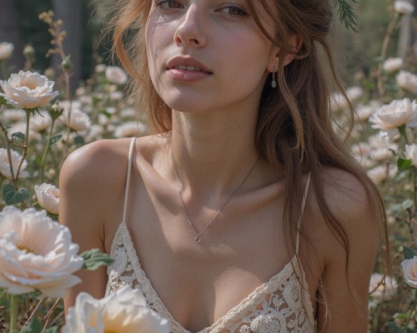 Young woman in a sunlit garden with blooming roses