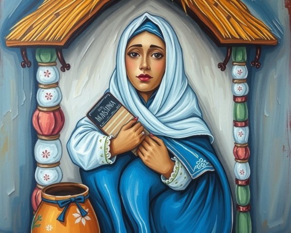 Young Girl in Blue Dress Beneath Wooden Arch
